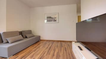 Una sala de estar moderna con un sofá gris, un televisor de pantalla plana y un cuadro en la pared.