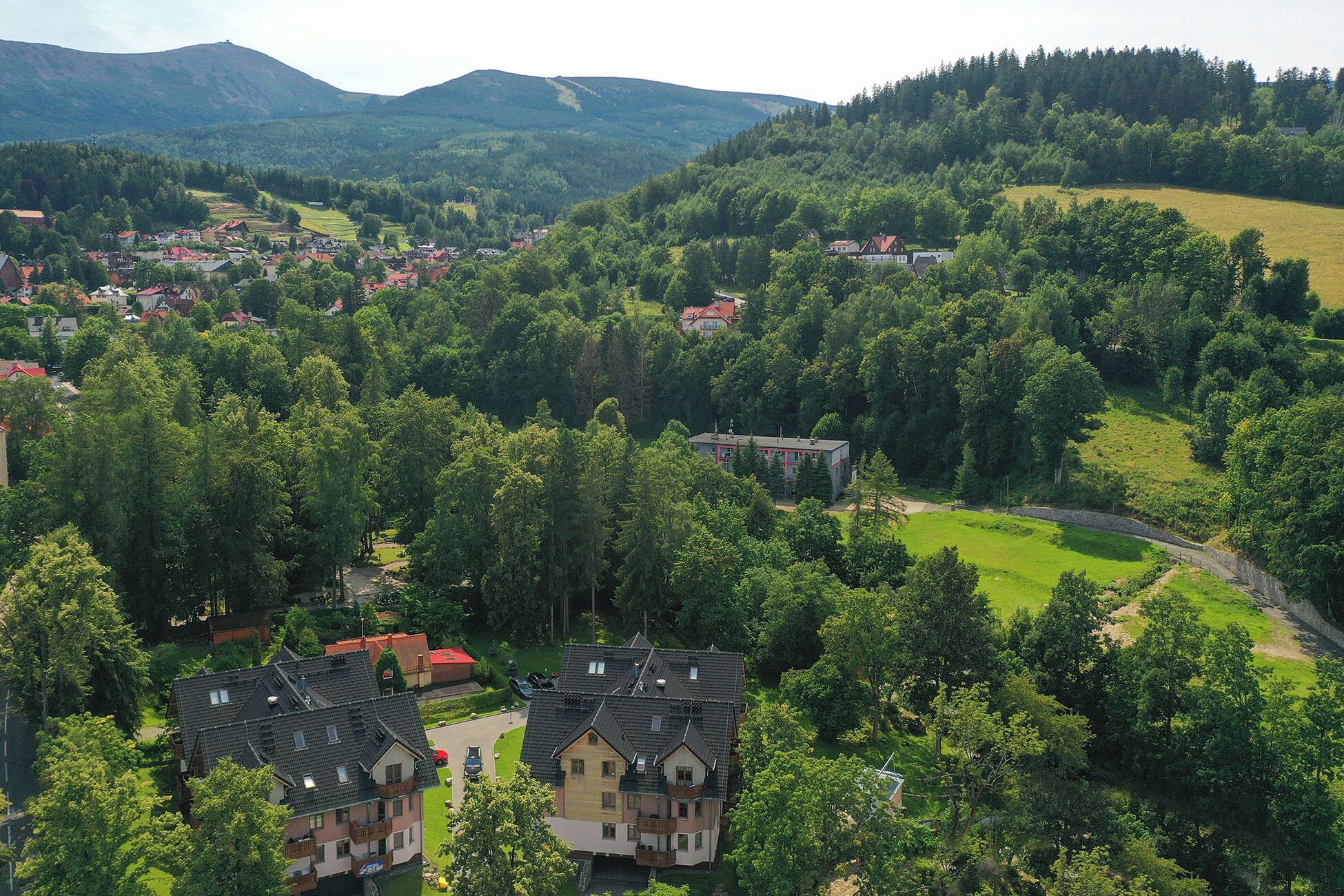 A residential area with houses surrounded by dense forests and hills.