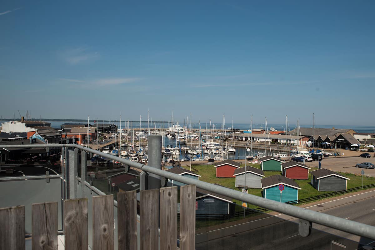 A marina with boats, small houses, and a road.