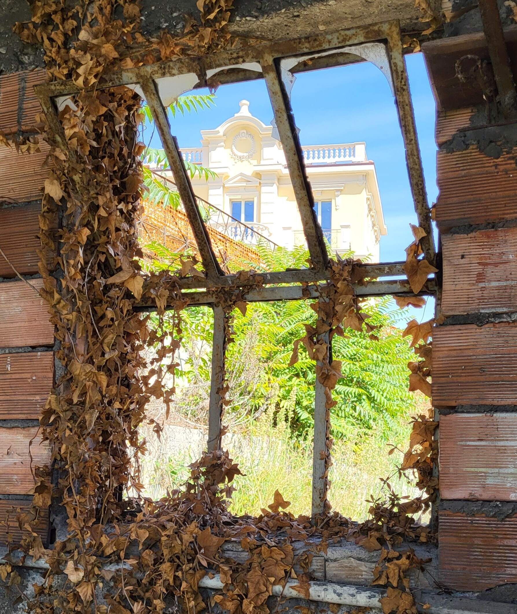 Una ventana con vista a un edificio de cúpula y columnas.