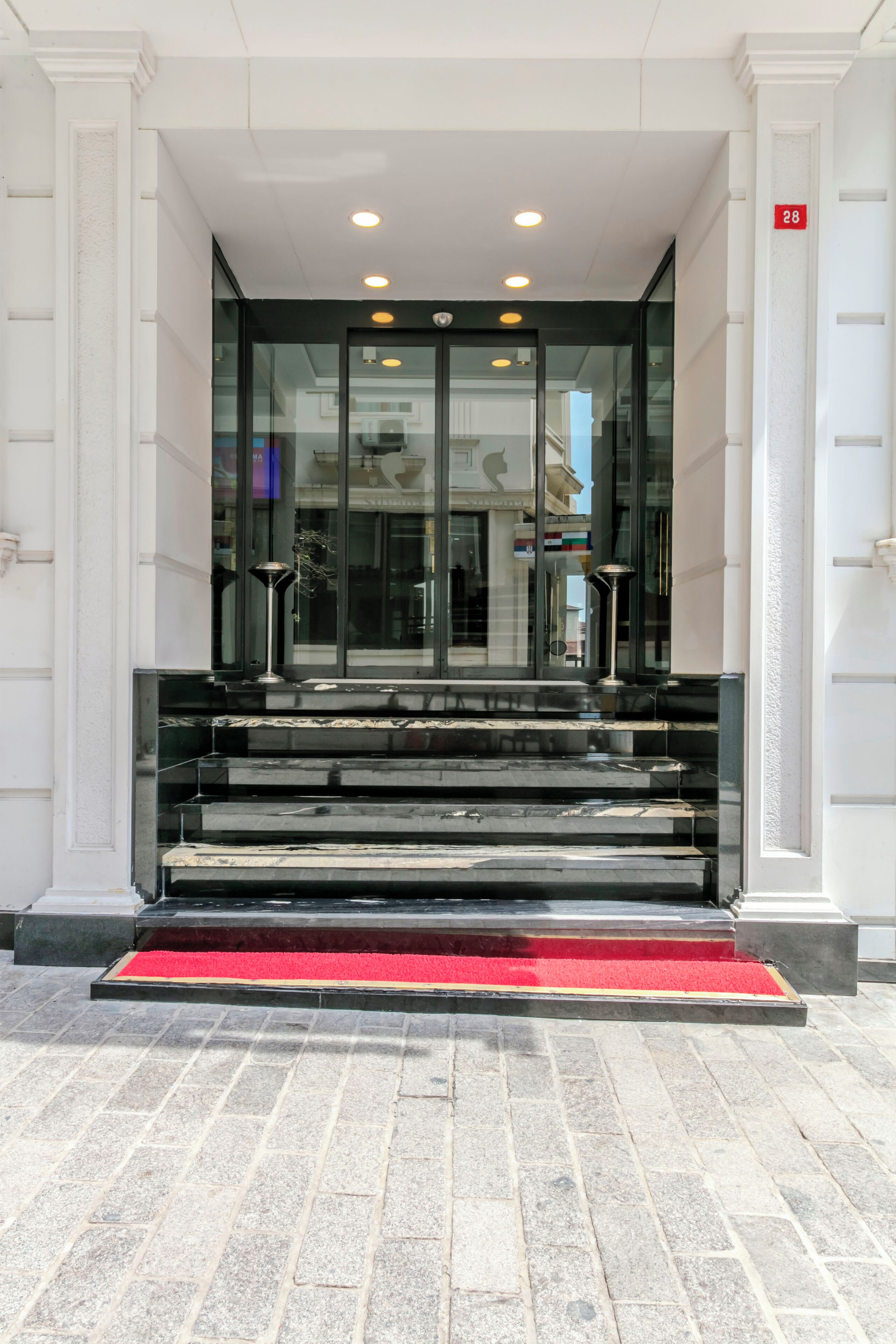 A building entrance with a red carpet, black steps, and a glass door.