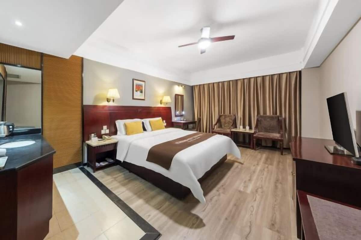 Habitación de hotel con cama, mesitas de noche, escritorio, silla, televisor y ventilador de techo.