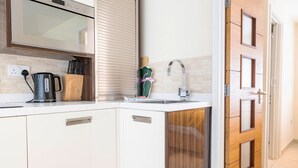 Une cuisine moderne dotée d’un four encastré, d’un évier et d’une porte en bois.