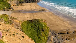 A coastal landscape with a sandy beach, grassy cliffs, and a view of the sea. - Heather Cottage, Holiday Home Near Nolton Haven, Sleeps 2, 1 bedrooms,  bathrooms (Portfield Gate)
