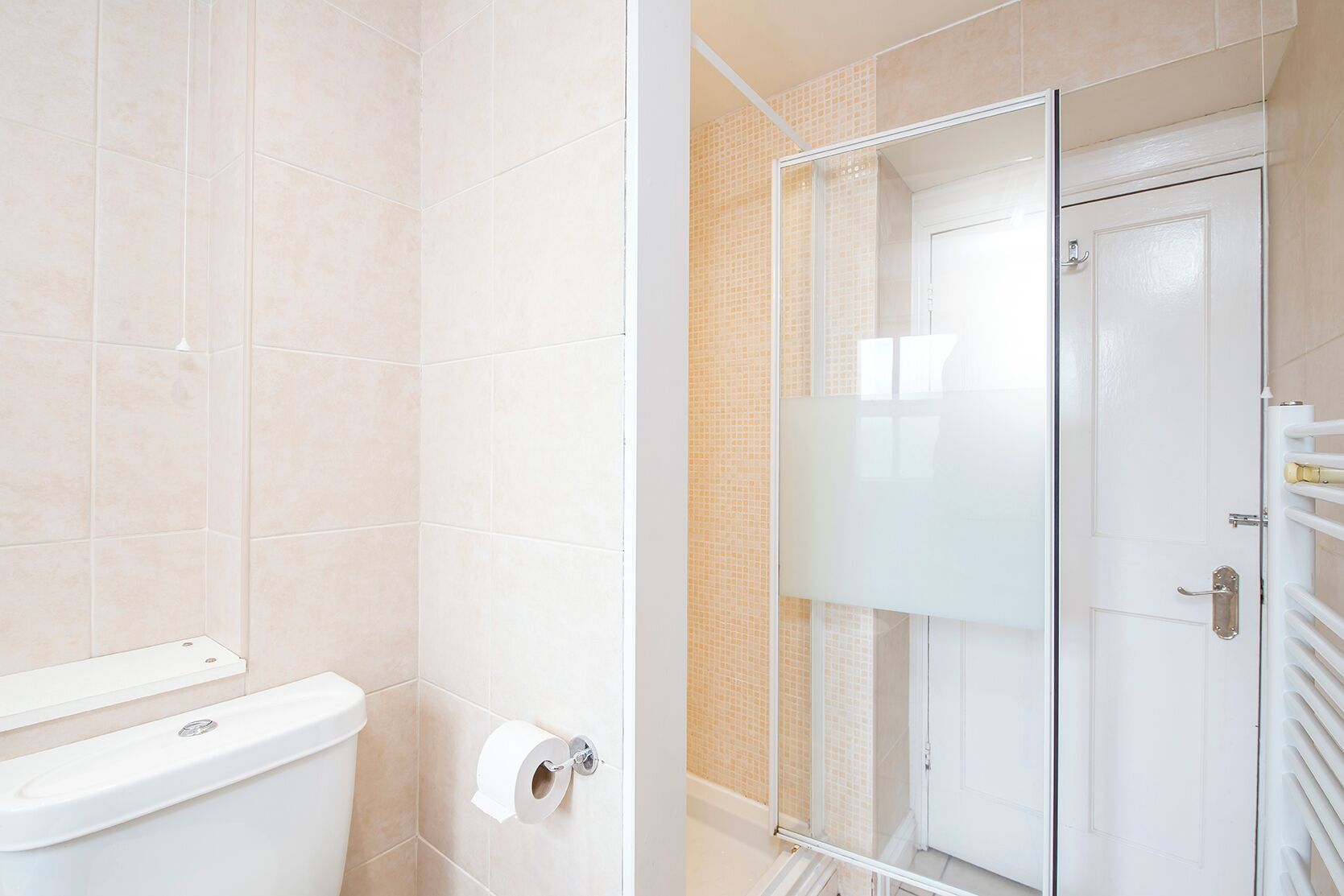 A bathroom with a toilet, a glass shower enclosure, and a white door.