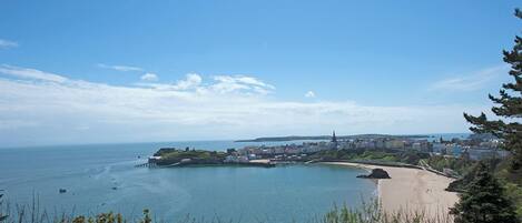 A coastal town with a sandy beach, a pier, and a church.
