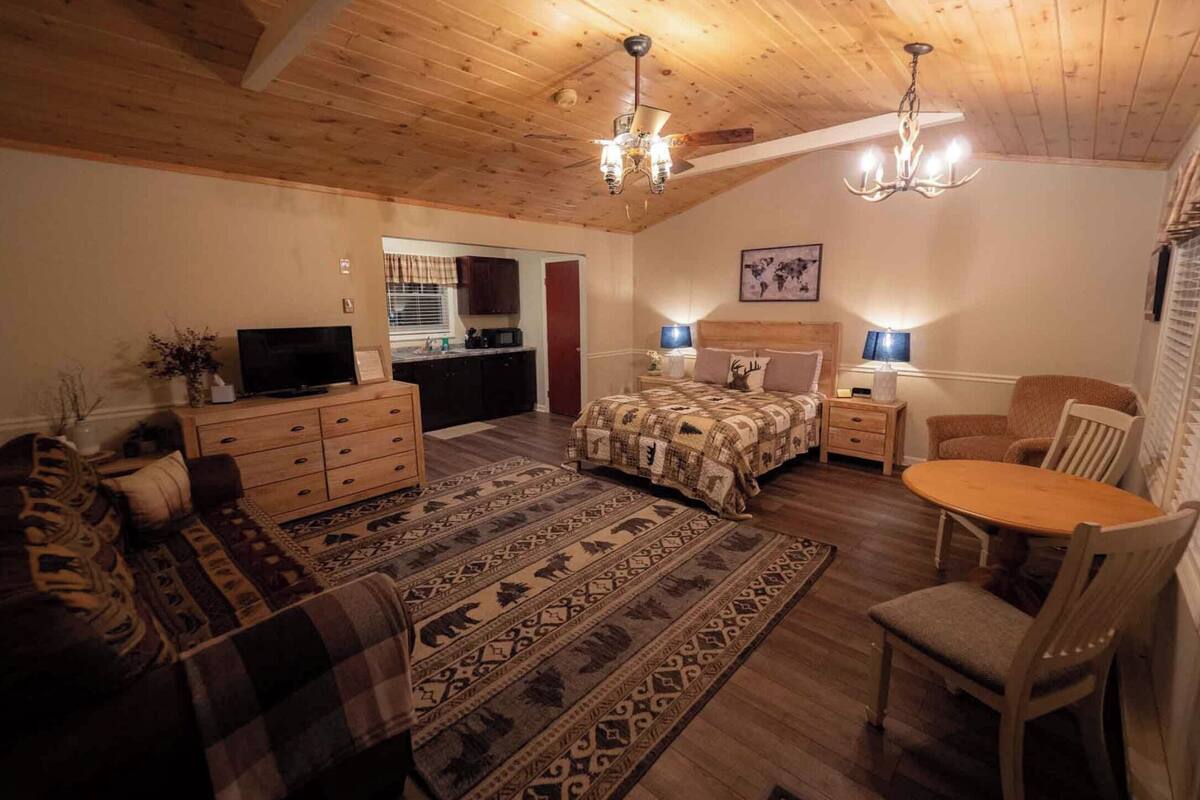 Een gezellige kamer met een bed, een bank, een eettafel en een televisie.