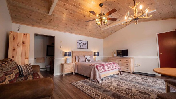 Une chambre confortable avec un plafond en bois, un grand lit recouvert d’une couverture à motifs, une télévision et une commode en bois.