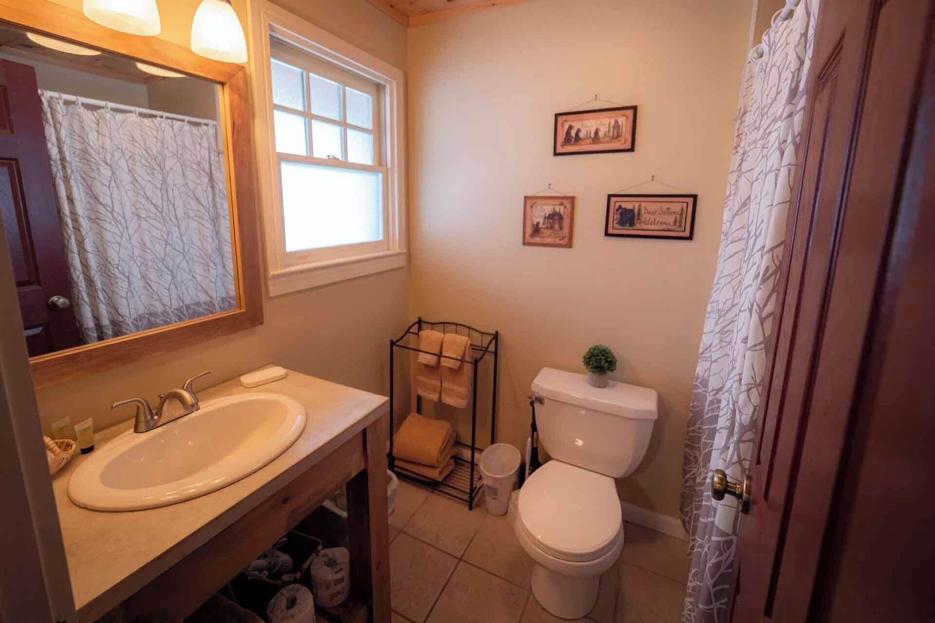 A bathroom with a sink, mirror, window, toilet, and two framed pictures on the wall.