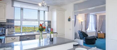 Microwave, dishwasher, toaster, cookware/dishes/utensils