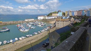 A coastal town with colorful buildings, a harbor with numerous boats, and a stone wall along the waterfront.