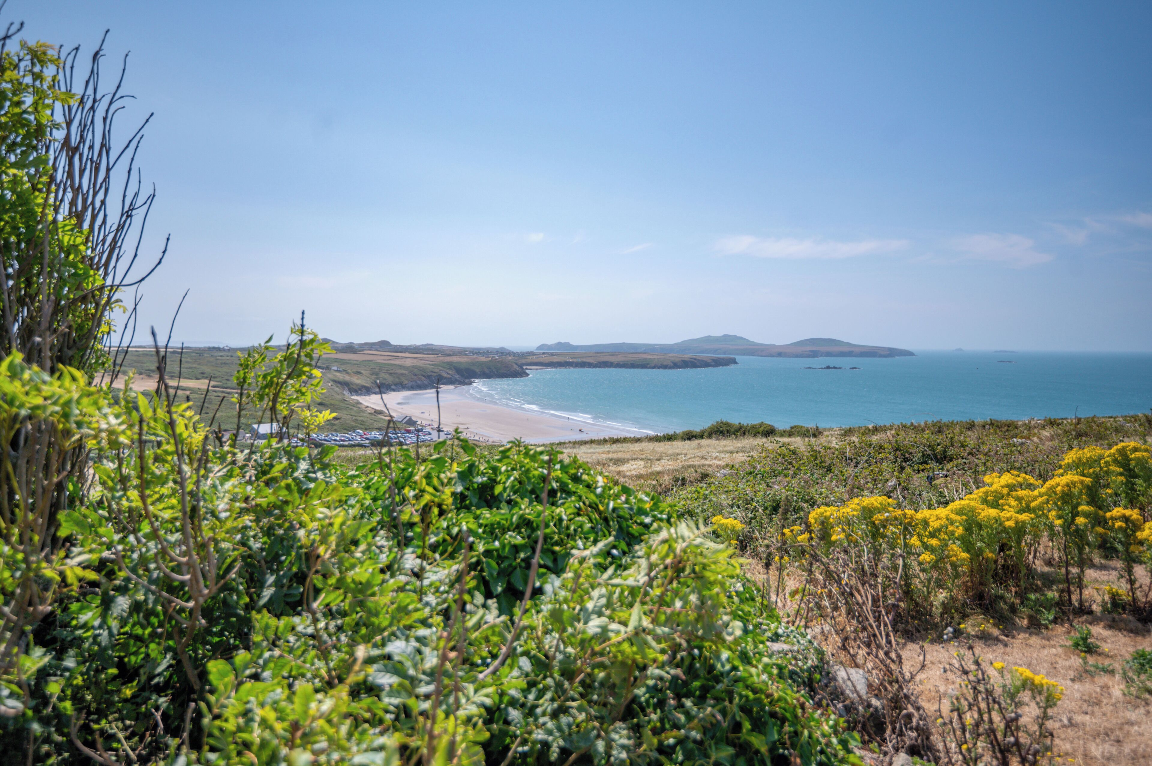 A coastal landscape with a beach, vegetation, and distant hills.