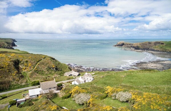 A coastal village with houses near the sea, a road, and grassy hills.