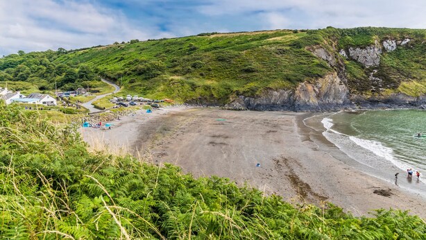 A coastal beach with a road leading to a parking area, surrounded by greenery and cliffs. - Swn y Mor, Holiday Apartment Pwllgwaelod, Sleeps 4, 2 bedrooms,  bathrooms (Dinas)