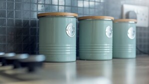 Three green metal containers with wooden lids on a kitchen counter. - The Rath Cottage, Holiday Cottage Saundersfoot, Sleeps 2, 1 bedrooms,  bathrooms (SAUNDERSFOOT)