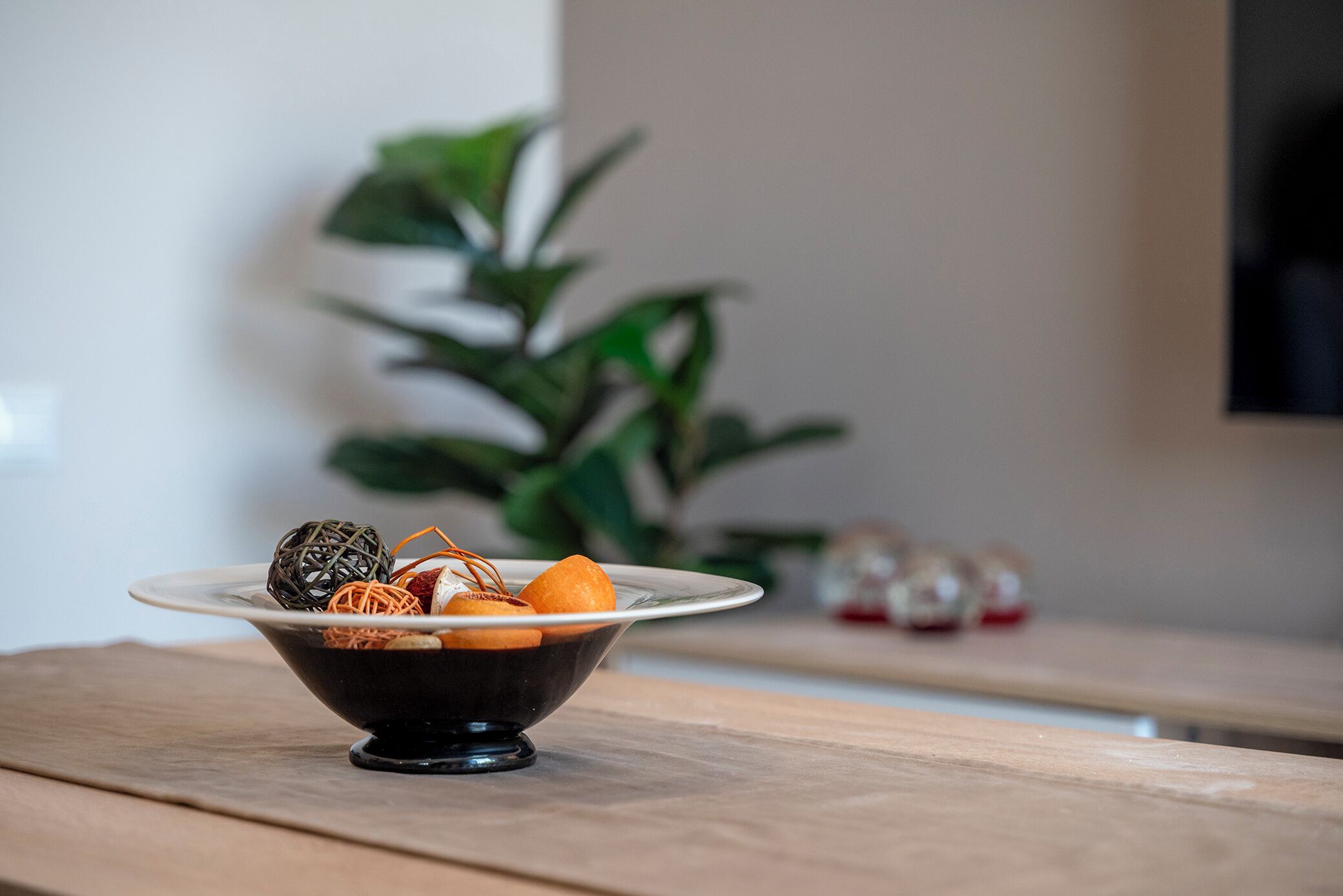 Un bol de nourriture sur une table en bois, avec une plante en arrière-plan.