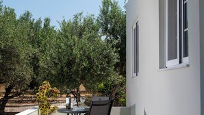 A balcony with a table and chairs, a potted plant, and a view of olive trees.