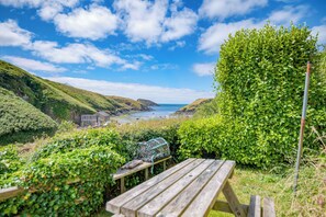 A wooden bench in a lush garden with a view of the sea and hills. - Tri Pysgodyn, Holiday Cottage Abercastle, Sleeps 4, 2 bedrooms,  bathrooms (Haverfordwest)