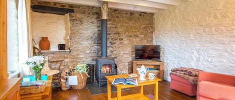 A cozy living room with a stone wall, a fireplace, a television, and comfortable seating.