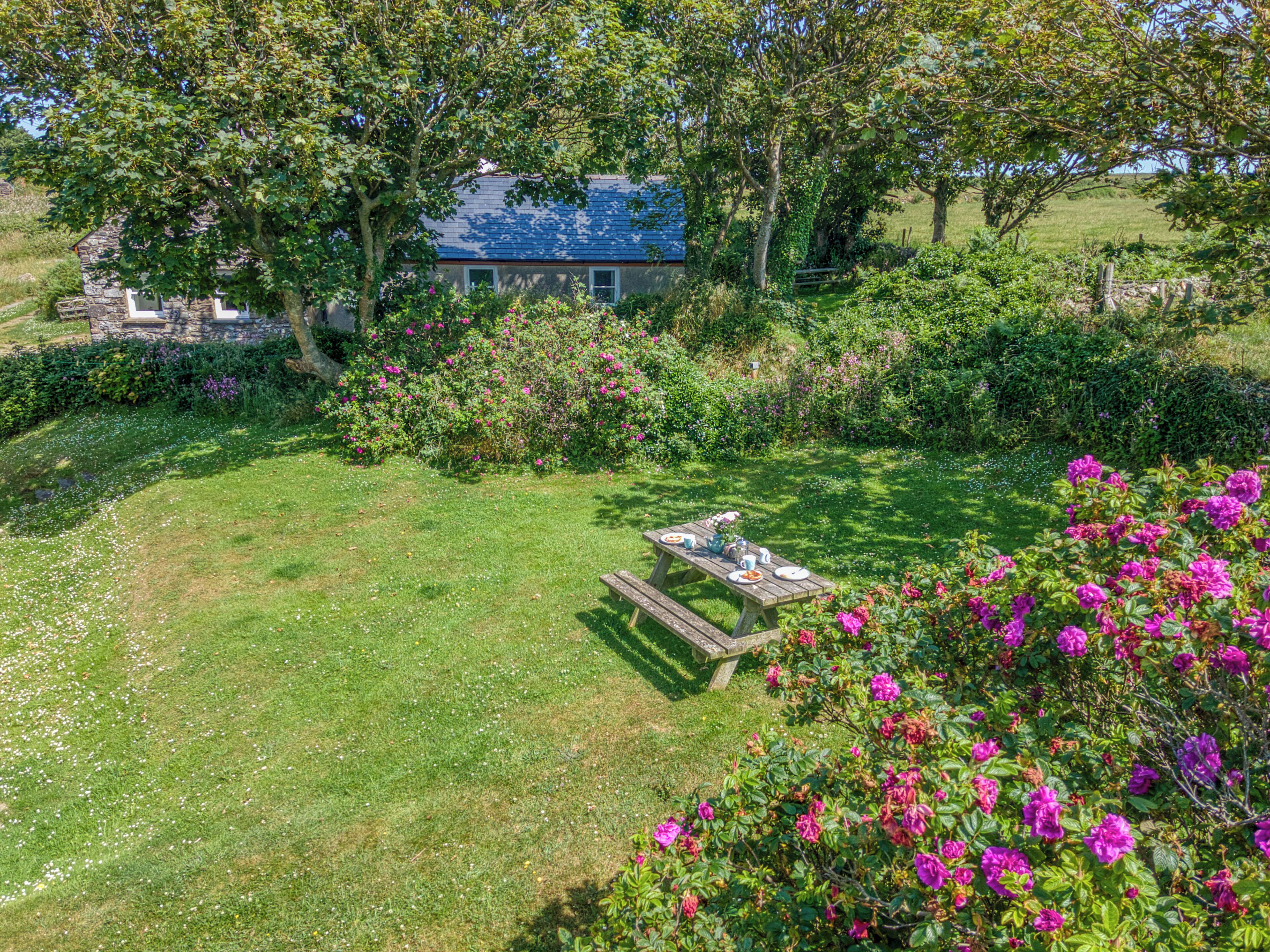 Un jardin avec un banc en bois, un mur de pierre et une maison avec un toit bleu.