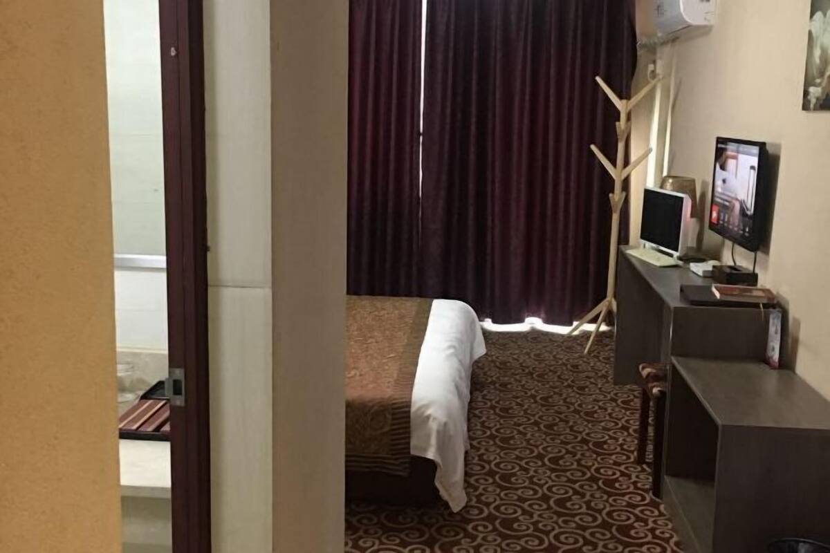Una habitación de hotel con cama, televisión, escritorio y alfombra estampada.