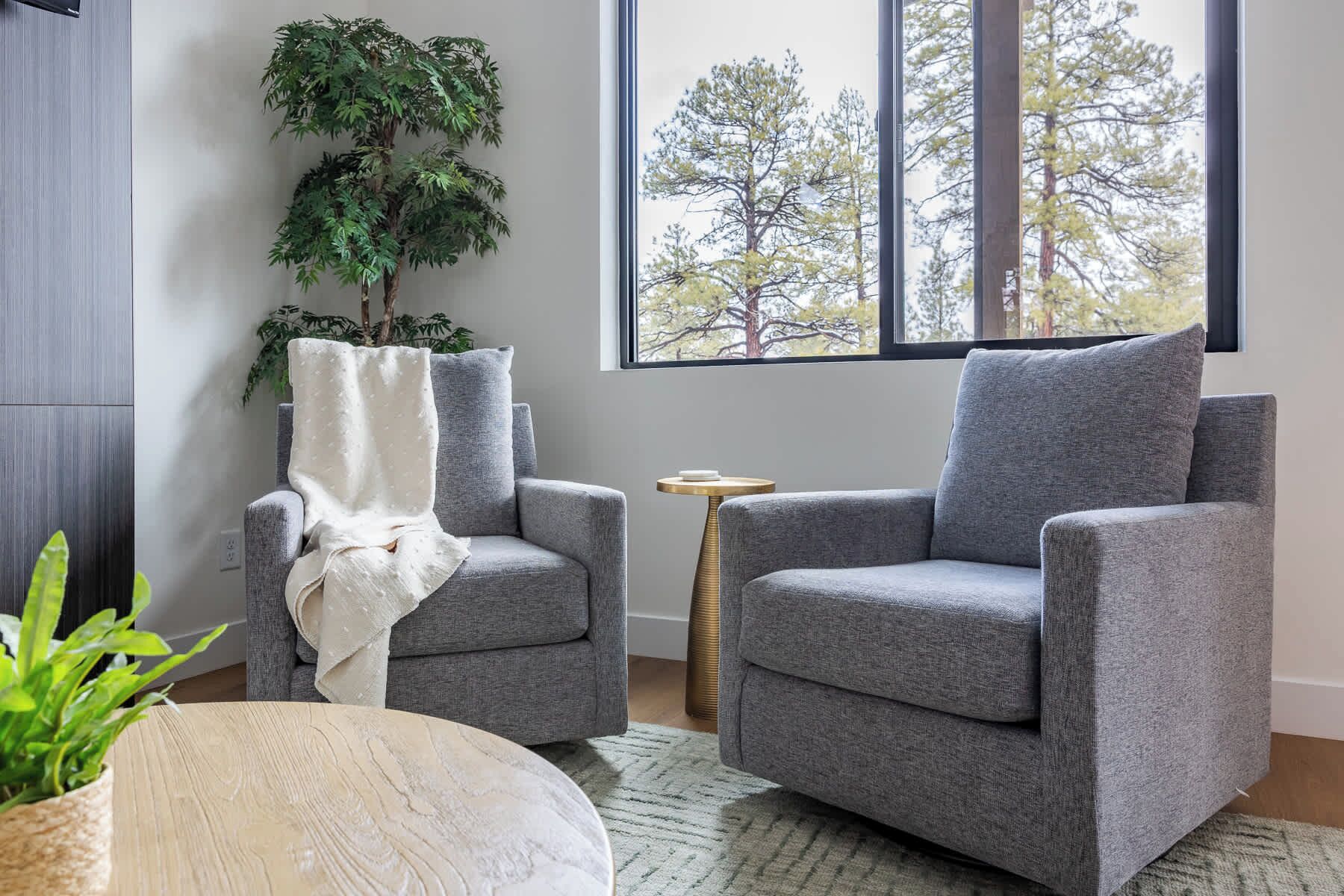 Un salon moderne avec deux fauteuils gris, une table basse ronde en bois, une grande plante en pot et une vue sur les arbres par la fenêtre.