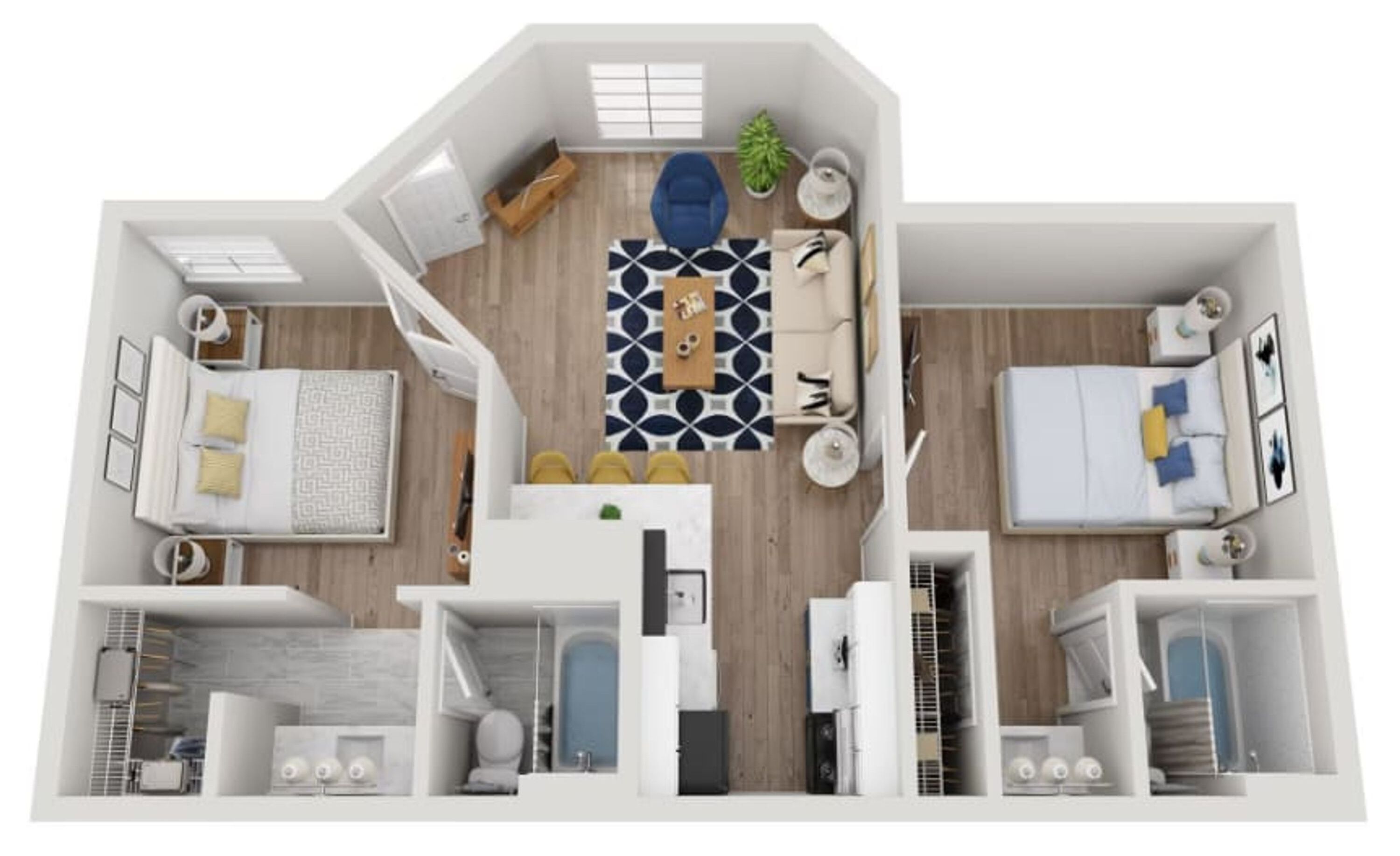 A 2-bedroom apartment layout with a dining area, kitchen, and a small balcony.