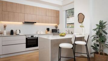 Apartamento exclusivo | Cocina privada | Frigorífico, microondas, horno y placa de cocina