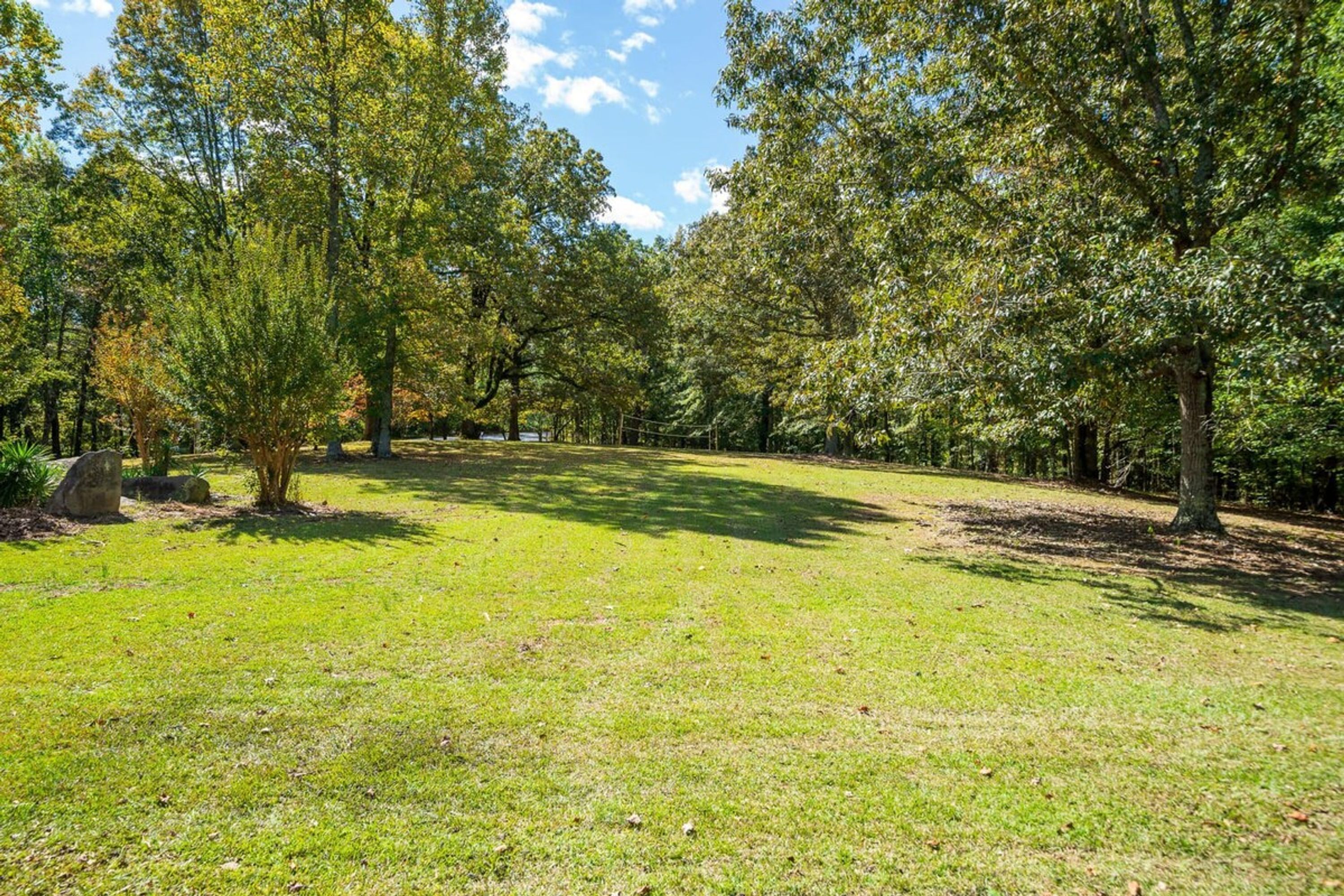 Ein Park mit einer grünen Wiese, Bäumen und blauem Himmel.