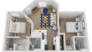 A 2-bedroom apartment layout with a dining area, kitchen, and a small balcony.