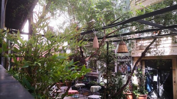 An outdoor café area with tables and chairs, surrounded by potted plants and hanging baskets. - Gafa Garden Hostel & Apartments (Istanbul)