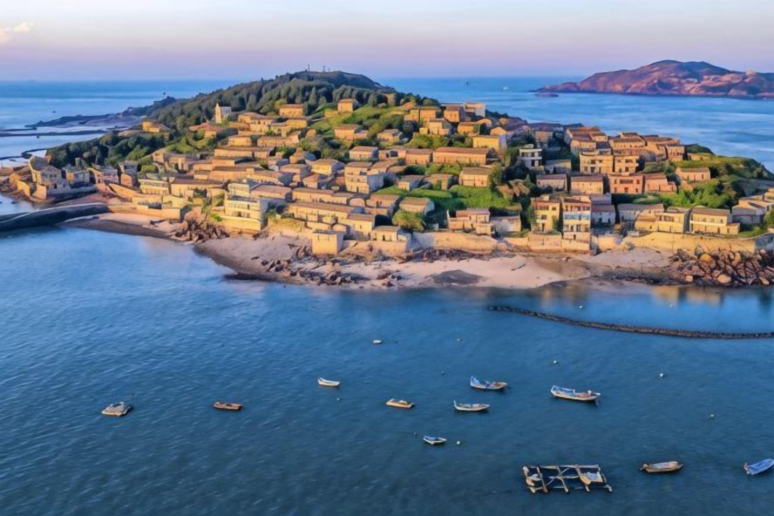 A coastal village with buildings clustered along the shoreline, boats in the water, and a clear view of the sea.
