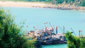 A coastal marina with boats docked, surrounded by greenery and a sandy beach.