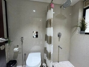 Hair dryer, towels, soap, shampoo