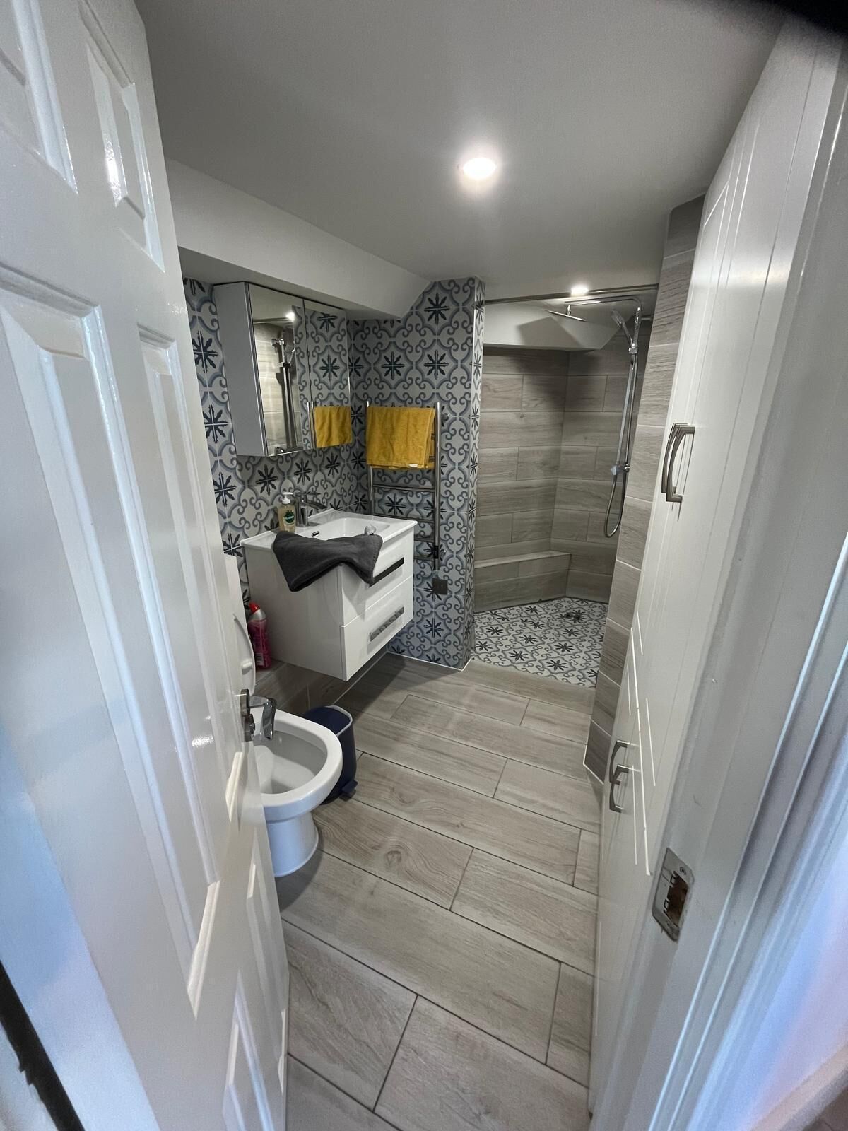 Et moderne badeværelse med bruser, toilet og håndvask.