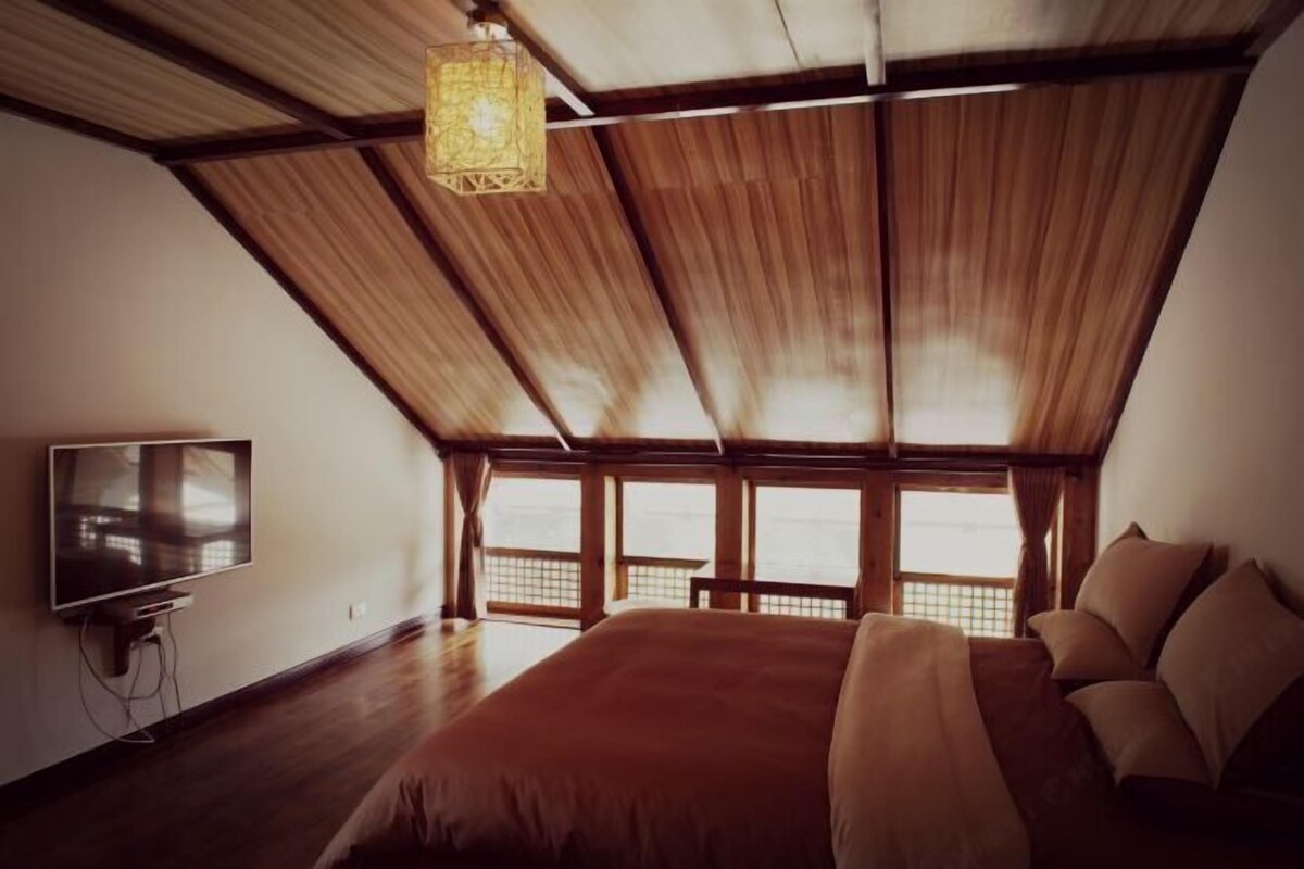 A bedroom with a large bed, a television on the wall, and a view through the windows.