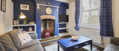 TV, fireplace, books
