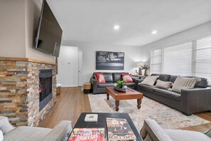 Smart TV, fireplace, books