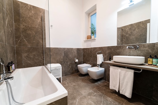 Hair dryer, bidet, towels, soap