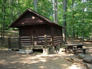 Een rustieke houten chalet met een terras en picknicktafel, omgeven door een bos.