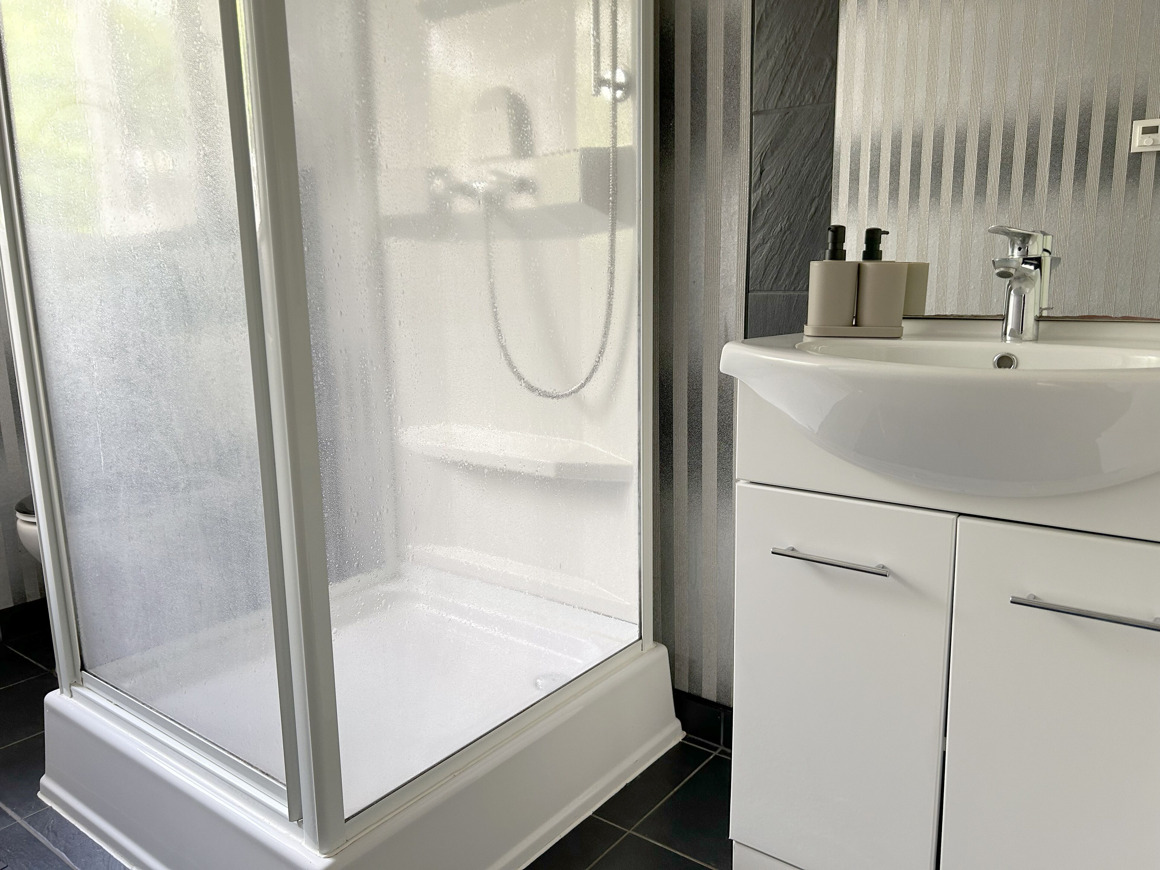 Hair dryer, towels, soap, shampoo
