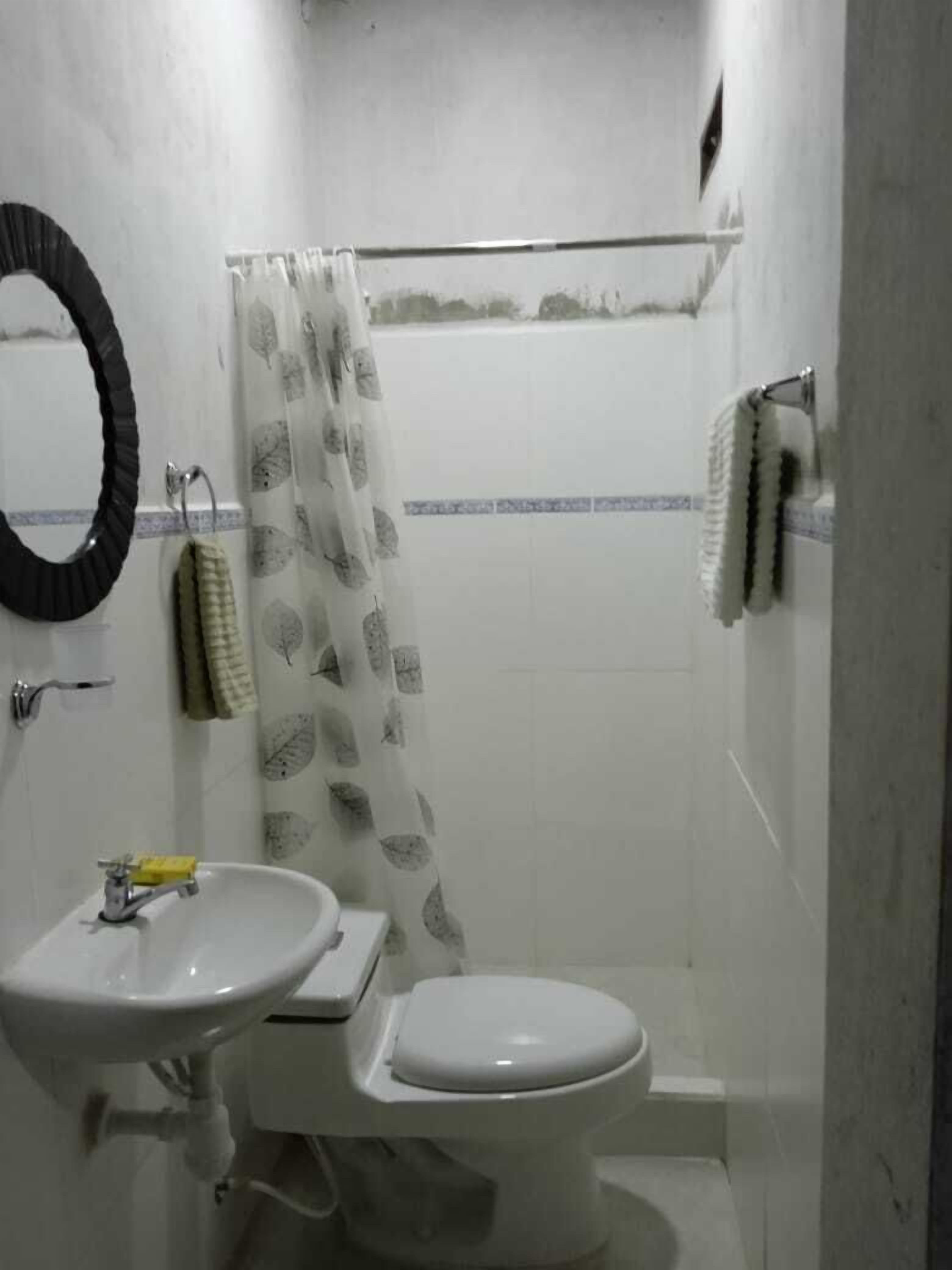 A small bathroom with a sink, toilet, and shower curtain.