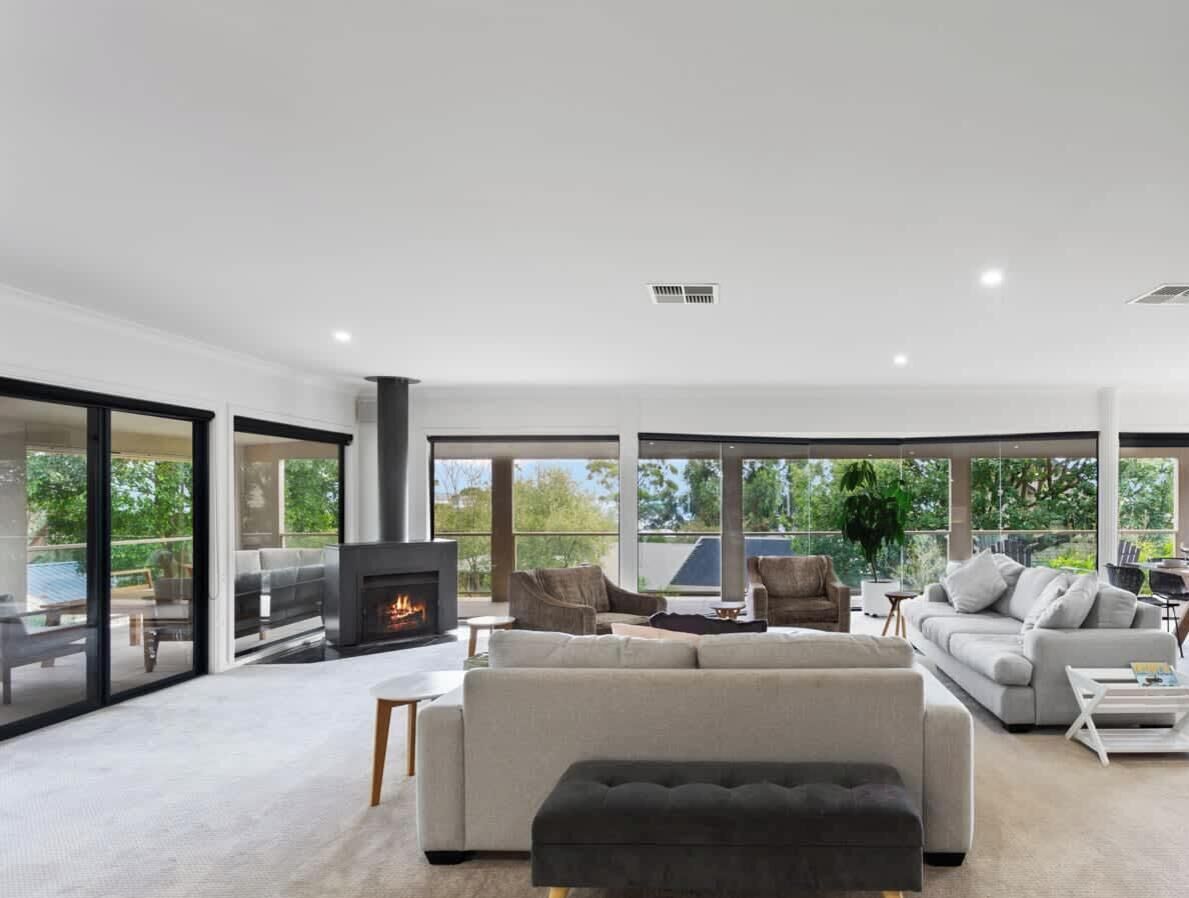 Télévision, cheminée, lecteur de DVD, livres