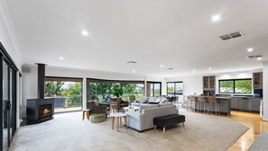 TV, fireplace, DVD player, books