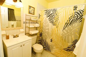 Hair dryer, towels, soap, shampoo