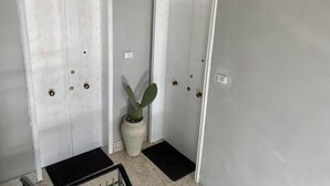 Two white doors with round handles, a potted plant, and a black doormat in a hallway.