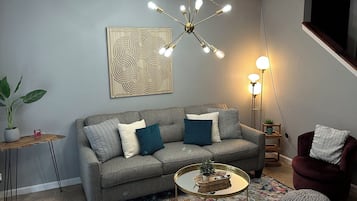 Smart TV, fireplace, books
