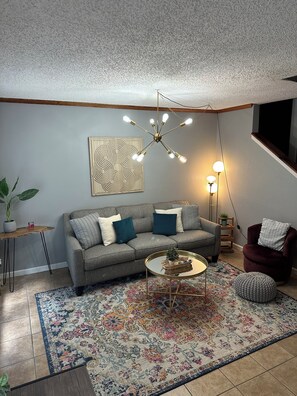 Smart TV, fireplace, books