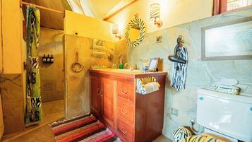 Hair dryer, towels, soap, shampoo