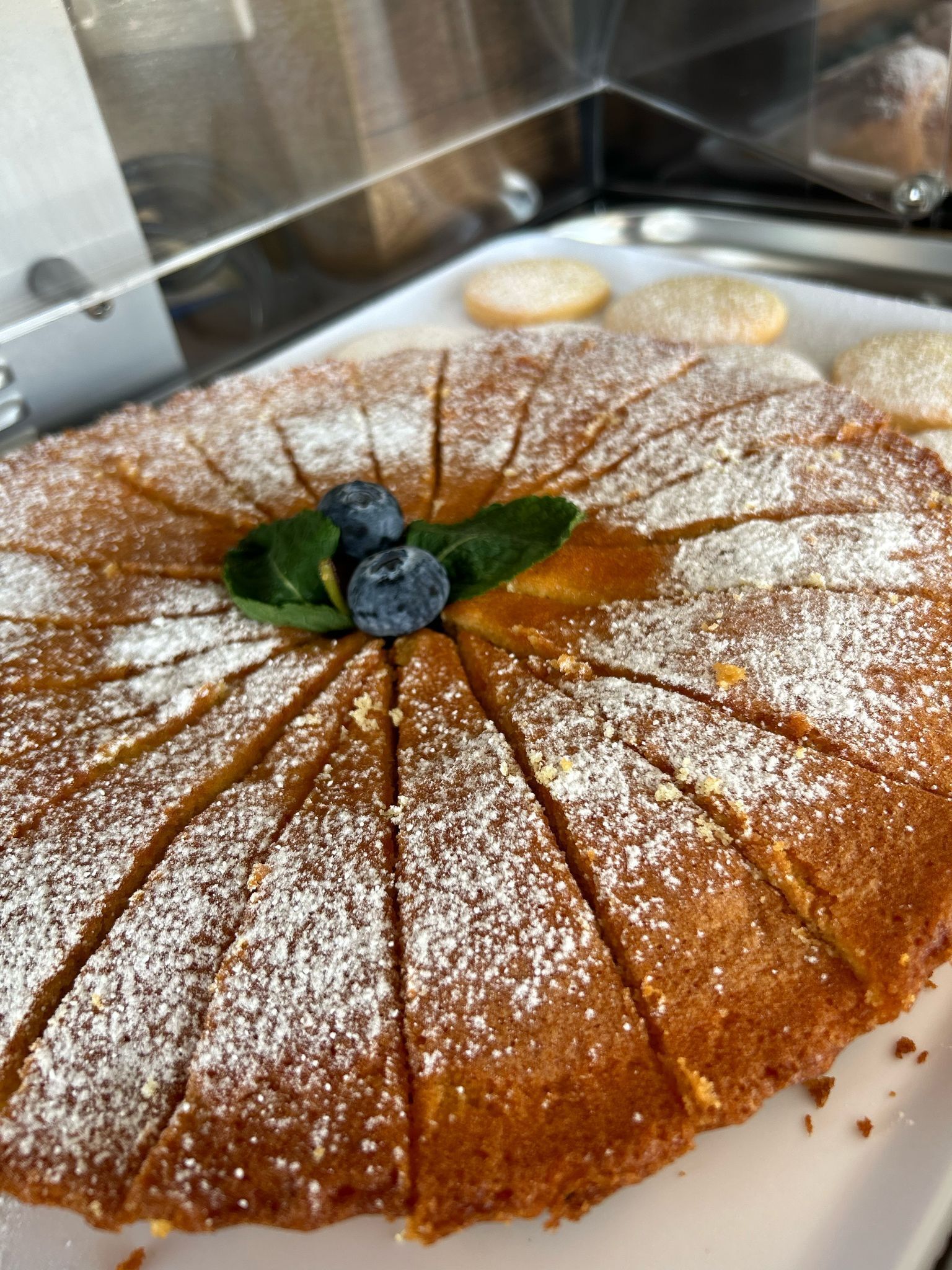 A round cake with powdered sugar and blueberries on top, displayed on a white plate.